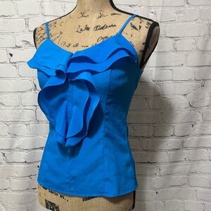 Miley Cyrus Azure Polyester Zipper Back Elegant Blue Ruffle Camisole Top